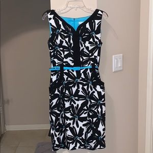 Turquoise, Black and White Floral Cocktail Dress